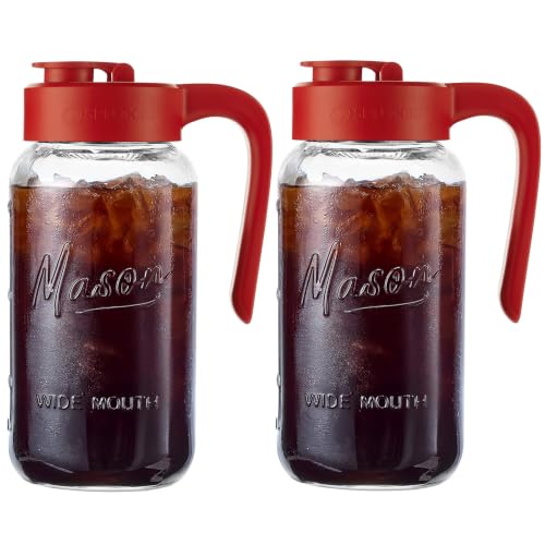 Spreccio Mason Jar Pitcher, 2 pcs 64 oz (2 quart), Glass Pitcher with Lid