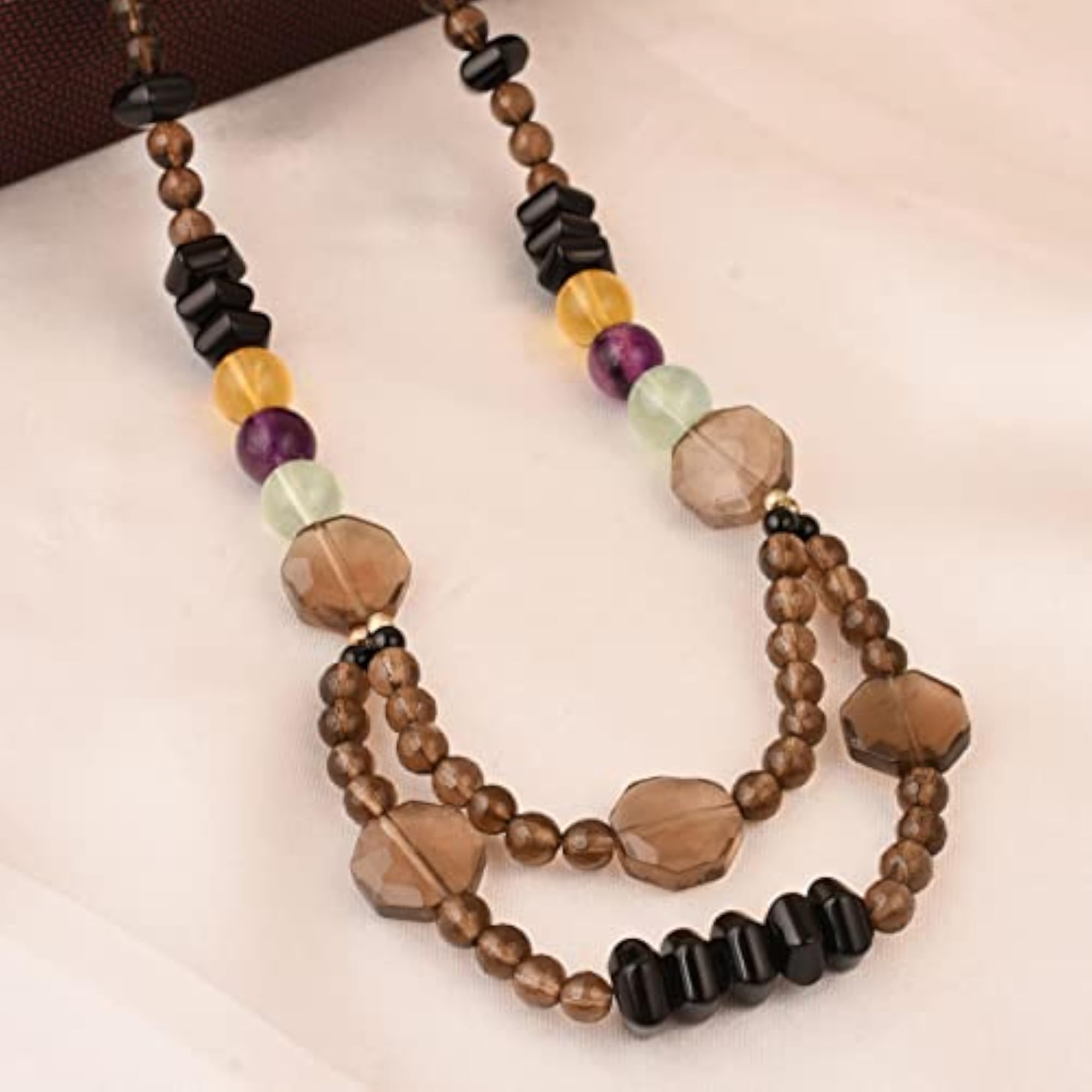 Black Agate, Smoky Quartz & Multi Fluorite Beads Designer Necklace