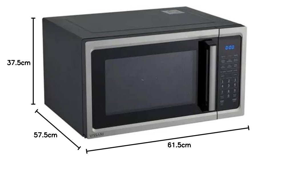 Diagram showing the dimensions of the Vissani microwave oven: 61.5cm depth, 57.5cm width, 37.5cm height.