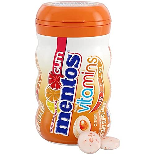 Image of Mentos Gum with Vitamins, Sugar Free Chewing Gum with Xylitol, Citrus Flavor, Vitamins B6, B12 and C, Bottle of 45 (Pack of 36)
