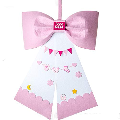 Coccarda nascita bambina a forma di fiocco bianco e rosa 