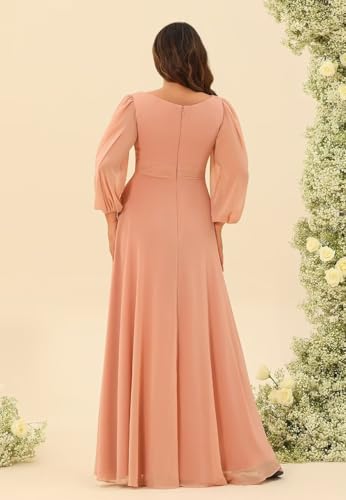 Women's Long Sleeve Crew Neck Bridesmaid Dresses Plus Size Chiffon Formal Evening Gowns with Pockets PU1842