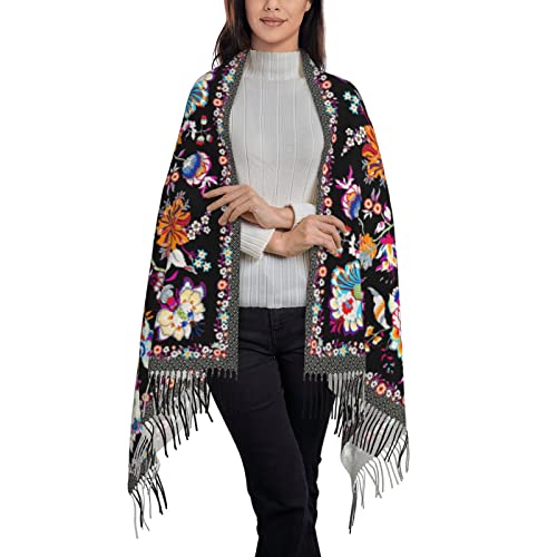 Sptvan Boho Tassel Scarf Wrap And Shawl Black Flower Pashmina Scarf For Women Ladies Long Printed Reversible Fall And Winter #TOP2