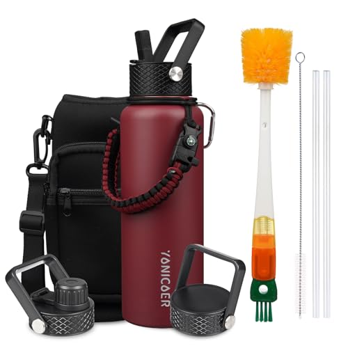 YONICOER Insulated Water Bottle 40oz,Triple Wall Vacuum Stainless Steel(Dishwasher Safe),Leak Proof & Non-BPA,Flask Jug with Paracord Handle & Straw Spout Lids Sports Red