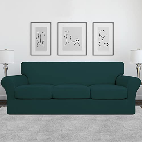 Image of Easy-Going 4 Pieces Stretch Soft Couch Cover for Dogs - Washable Sofa Slipcover for 3 Separate Cushion Couch - Elastic Furniture Protector for Pets, Kids(Sofa, Deep Teal, Large) | Sofa Slipcover for Stretch 3 Separate Sectional Cushion Couch - Furniture Protector for Pets, Kids Deep Teal