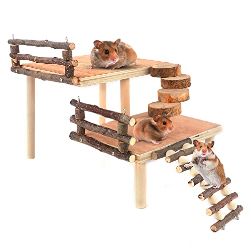 Image of Hamster Climbing Toys,Toys Cage Accessories Two-Tier Hamster Playground Activity Platform with Bridge Natural Apple Wood Chew Toys for Guinea Pig,Gerbils,Chinchillas,Bunny,Rats