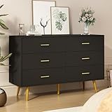 Tradare Dresser for Bedroom, 6 Drawer Black Wood Dresser with Golden Handles, Modern Wide Dressers & Chests of Storage Organizer Drawer for Entryway Hallway
