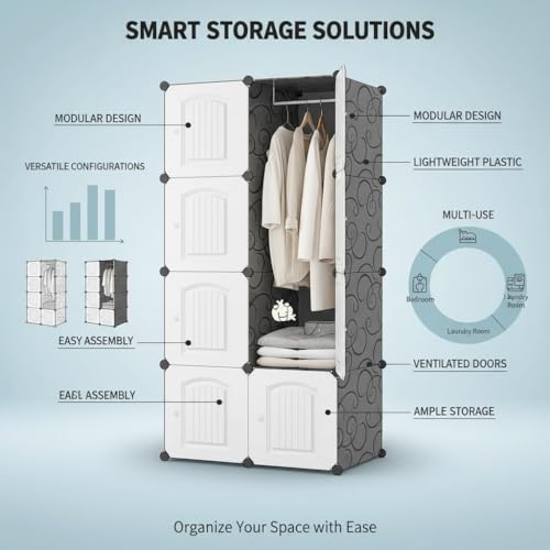 Image of Mevigo Foldable Plastic Wardrobe for Clothes - 8- Door Baby Cupboard for Clothes Storage, Wardrobe for Kids, Plastic Almirah, Collapsible Wardrobe for Kids Livingroom & Home- White-Y5