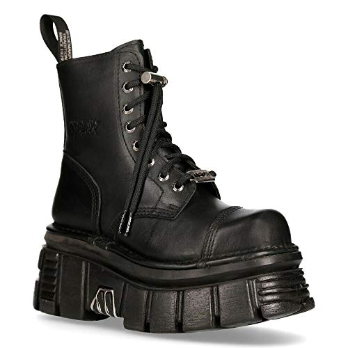 New Rock M-NEWMILI083-S21 Women's Metallic Combat Boots Black Leather Military Biker Goth Punk Shoes