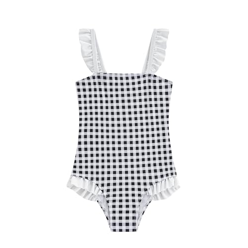 Image of LIZENS Girls One Piece Swimwear Checker Print Ruffles Bathing Suit for Kids Size 2-12