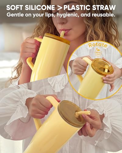 Image of KISSKIND 40 oz Lumispin Tumbler with Handle and Hidden Straw, 100% Leak Proof Water Cup with Handle, Insulated Water Bottle for Travel, Mom, Nurse, Teacher, Student, Butter Yellow