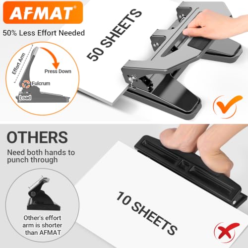 Image of AFMAT Heavy Duty 3 Hole Puncher, 50-Sheet Paper Punch Heavy Duty, 50% Reduced Effort Three Hole Punch, 10K+ Uses, Metal Hole Puncher 3 Ring w /Large Tray, Bulit-in S.S. Paper Guide HPX4(Gray)