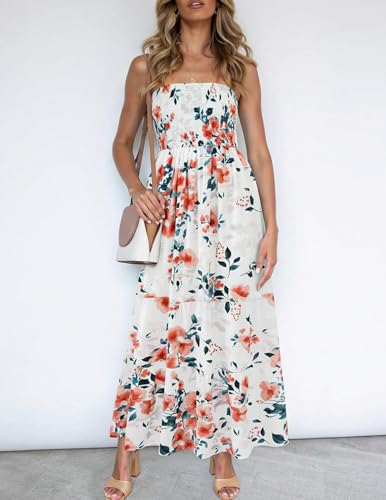 Image of ZESICA Women's Summer Boho Strapless Maxi Dress 2026 Casual Off Shoulder Smocked Flowy A Line Beach Holiday Long Dresses