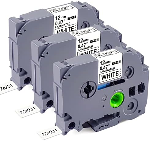 Compatible with Brother Label Printer Tape 12mm 0.47 Inch TZe-231 Laminated Black on White TZe Label Tape Work for Brother P-Touch Label Maker PT-E110 PT-H110 PT-D400 PT-1180 PT-1280,8m