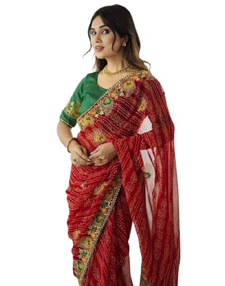 Image of Women's Georgette Bandhani Printed Embroidery Saree with Unstitched Blouse Piece
