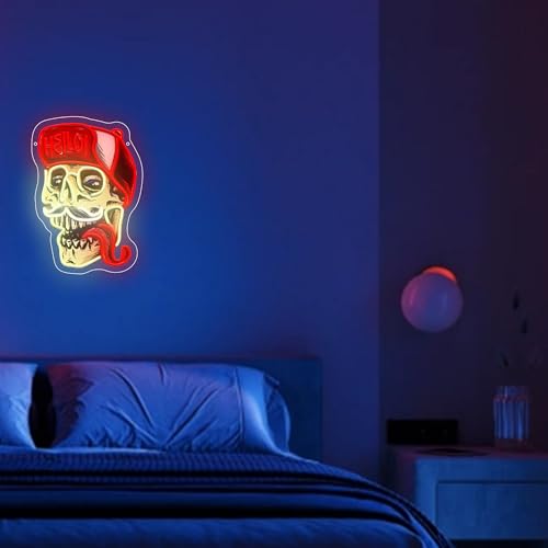 Image of Skull Wearing Hello Hat LED Neon Sign USB Powered for Wall Decor, Horror Skull Tongue Neon Night Light Sign Dimmable for Boys Room Party Decor Halloween Birthday Gifts