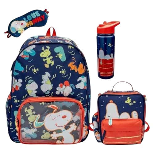 Kit Mochila Alça - Lancheira - Garrafa + Tapa Olho Snoopy Puket