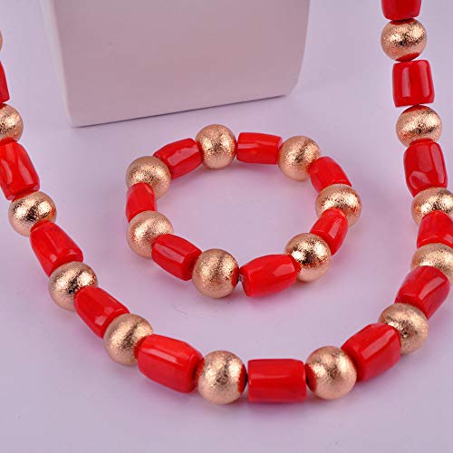 Laan Fashion Necklae 1 Rows Womens Mens Orange 10Mm Coral Bead Bracelet Earrings Jewerly Sets (01-13-Men Red) #TOP2