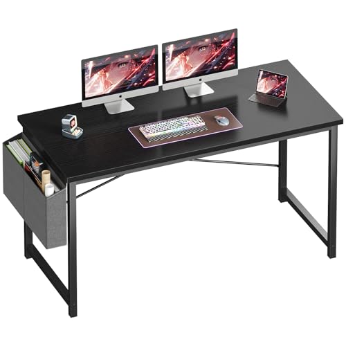 Image of OLIXIS Computer Desk, 55 Inch Gaming Desks for Home Office Small Spaces | Writing Study Craft Work Table, Computer Workstation for Bedroom with Storage Bag, Black