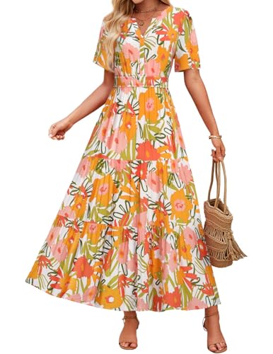 Image of ZESICA Women's 2026 Summer Spring Floral Boho Maxi Dresses Casual Short Sleeve V Neck A Line Flowy Beach Vacation Dress