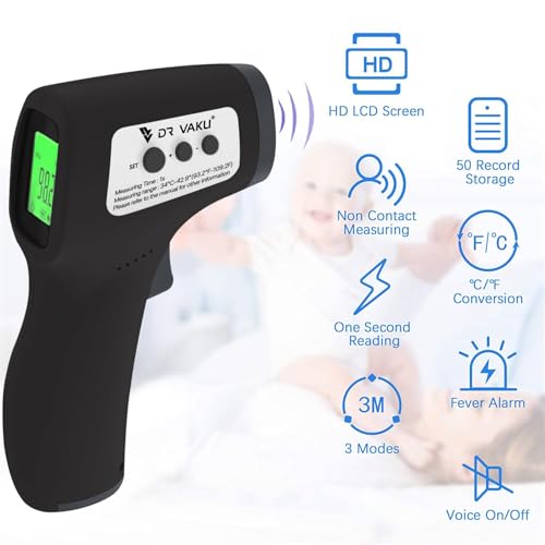 Image of DR VAKU Plastic Digital Thermometer For Fever Non-Contact Laser Infrared Forehead Thermometer Temperature Gun Accurate Reading with Large Display [Battery Included] - Black