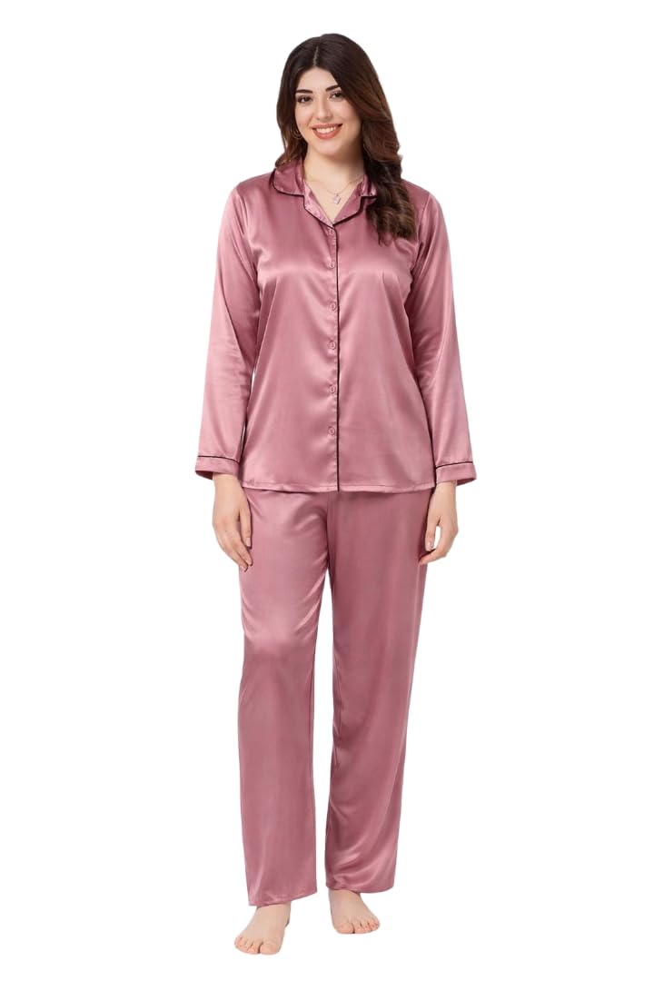 Women's Premium Soft Silk-Feel Satin Nightsuit, Baby Pink-image-44