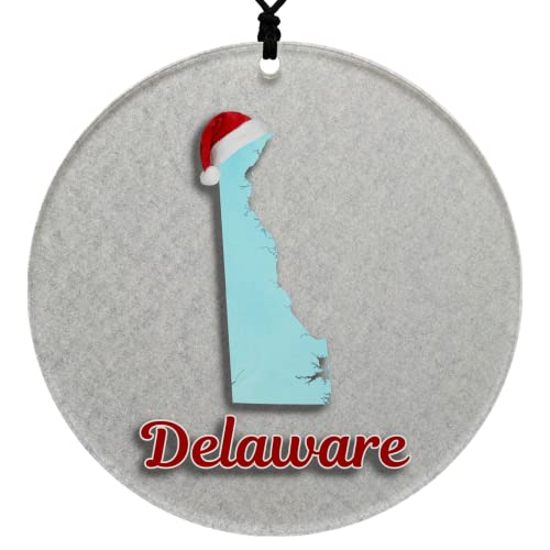 Delaware Christmas Ornament - Winter Theme Featuring Snow, State Terrain Map And Santa Cap - 2023 Acrylic Tree Decoration - Holiday Gift And Home Decor #TOP28