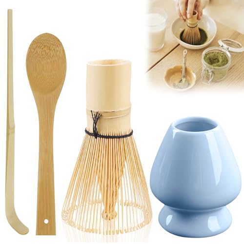 4-Teiliges Matcha Tee set, Matcha set mit Matcha Besen, Matcha Teepinselhalter aus Keramik, Bambusbesen Matcha Besen, Besenhalter aus Keramik, Japanisches Matcha zubehör Geschenkset