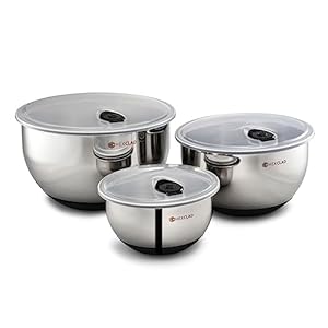 HexClad Stainless Steel Mixing Bowl Set, 3-Piece with Vacuum Seal Lids and Non-Slip Base, 1.3,3 and 5 Quarts