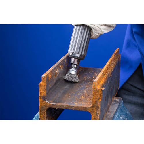 Image of Pferd Power Stem Mounted Crimped Wire Cup Brush, 2 inch Diameter, 0.008 inch Wire Size, Round Shank, Carbon Steel Bristles, 13000 Maximum RPM - Part 82824