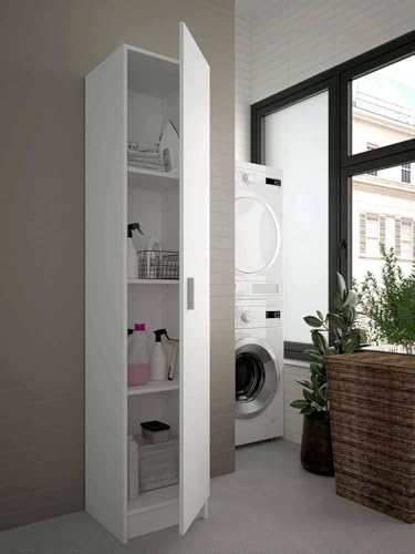 Dmora - Armadio multiuso 1 anta Clearwater, Mobile ausiliario, Guardaroba porta scarpe con ripiani, Scarpiera verticale, 37x37h180 cm, Bianco