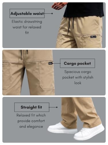 Image of Cargo Cotton Pants for Men's| Relaxed Fit Cargo Trousers| Multi Pocket Casual Streetwear Bottom| Drawstring Elastic Waistband Utility Pants for Men| Comfortable Lower for Men