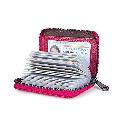 Suweibuke Genuine Leather Credit Card Holder Wallet Rfid Blocking Secure Card Case Id Case Organizer Zipper Wallet (A-Rose Red) #TOP1