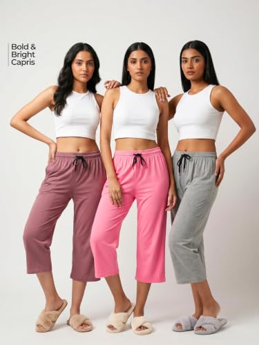 Image of Fflirtygo Women's Cotton Plain Calf Length Capri | Nightwear Pajama | 3 /4th Solid Pyjama Pant | Black Navy and Lavender Lounge Pants | Casual wear & Lounge Wear Capri Combo (Pack of 3)