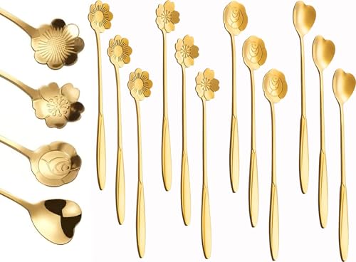 Image of 24Pcs Flower Dessert Spoons, Coffee Teaspoon Set Stainless Steel Tableware Sugar Spoon Small Tea Spoons Cafe Bar Spoon Cute Coffee Teaspoon Mini Tableware, 4 Styles (Gold) ,18 Cm