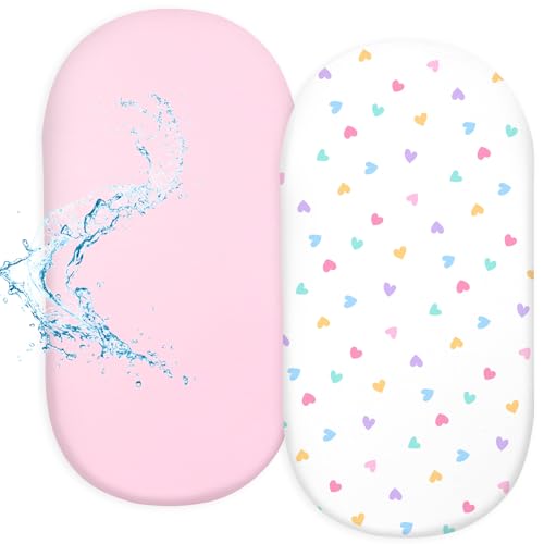 Image of FIOBEE Baby Bassinet Sheets for Girls Boys 2 Pack Waterproof Bassinet Mattress Elastic Fitted Crib Sheets Universal Fit for Hourglass Oval and Rectangle Bassinet Sheet, White & Pink