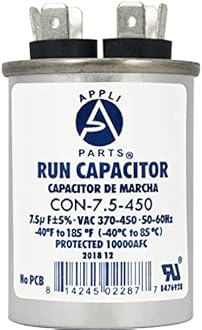 Appli Parts Run Capacitor 7.5 Mfd uF (microfarads) 370 VAC or 450 VAC Round 2-5/8in Height 1-5/8in Wide CON-7.5-450 Replaces CAP-7.5-450