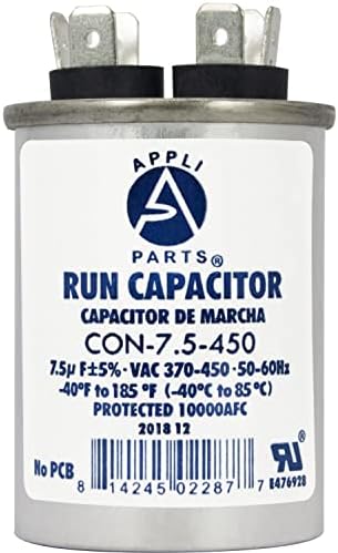 Appli Parts Run Capacitor 7.5 Mfd uF (microfarads) 370 VAC or 450 VAC Round 2-5/8in Height 1-5/8in Wide CON-7.5-450 Replaces CAP-7.5-450
