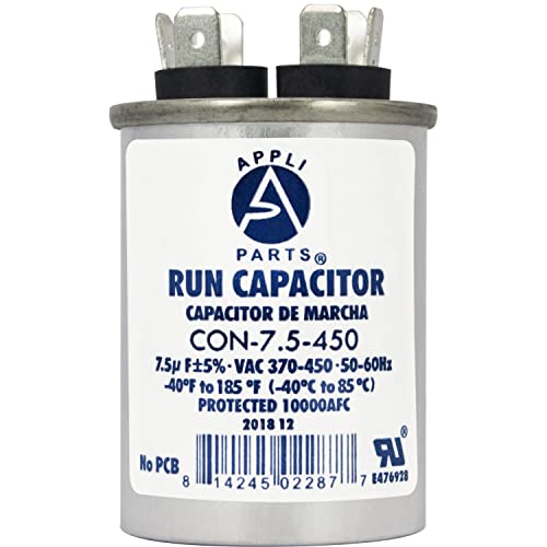 Appli Parts Run Capacitor for ac 7.5 Mfd uF (microfarads) 370 VAC or 450 VAC CBB65 Round Universal fit for hvac and other applications 2-1/2 in High 1-1/2 in Wide CON-7.5-450