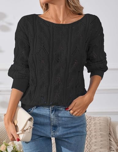 Image of Libsorge Womens Cute Sexy Off The Shoulder Crochet Knit Sweater Fall Winter 2025 Trendy Lightweight Boat Neck Pullover Top