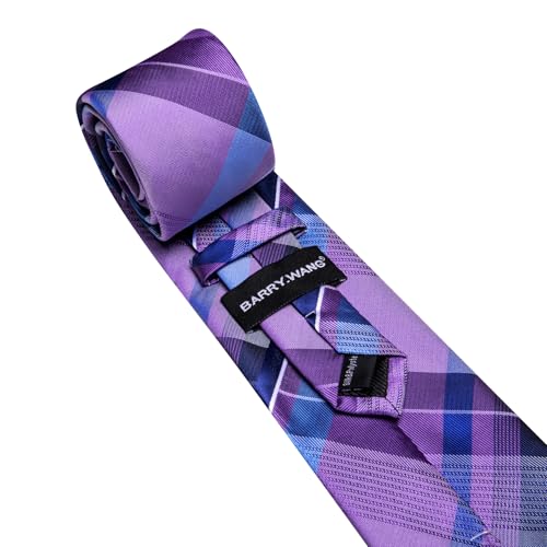 Image of Barry.Wang Plaid Ties Mens Silk Necktie and Tie Clip Checkered Tie for Wedding Party Business Formal