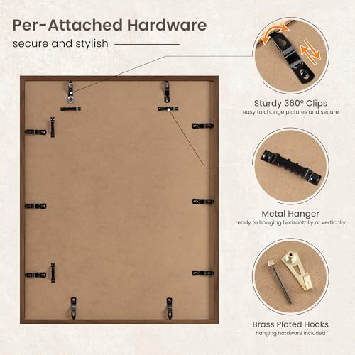 Image of FLYJOE 16x20 Oak Wood Picture Frame with Mat for 11x14, 16 by 20 USA-Sourced Natural Solid Wooden Poster Frame for Wall Display, Tempered Real Glass, Hanging Hardware Included, 3 Pack, Walnut Color