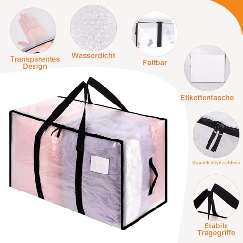 Dntorx 4 Stück 105L Große Aufbewahrungstasche mit Deckel, Faltbare Transparente Umzugskartons Groß mit Reißverschluss Griffe Weihnachtslager für Weihnachtsbaum Tasche Umzug Bettwäsche Aufbewahrung