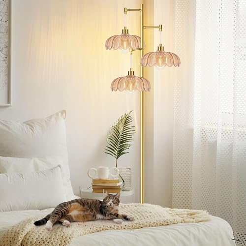 Image of QIYIZM Glass Floor Lamp for Living Room,Bedroom,Gold Mid Century Modern Standing Lamp Brass Tree 3 Light Tall Floor Lamps Vintage Retro Floor Lights Flower Lamp Shade Farmhouse Boho Bohemian