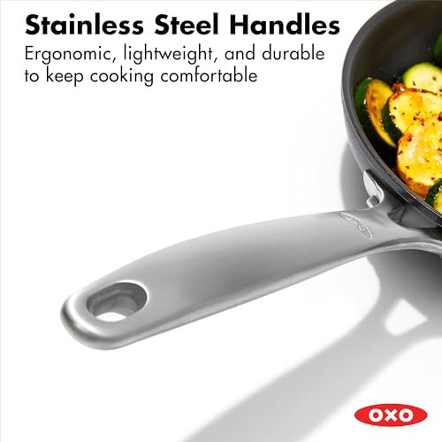 Image of OXO Enhanced, 8 inch 10 inch and 12 inch 3 Piece Frying Pan Skillet Set, Healthy Ceramic Nonstick, PFAS-Free, Stainless Steel Handle, Dishwasher Safe, Oven Safe, Black (Pack of 2)