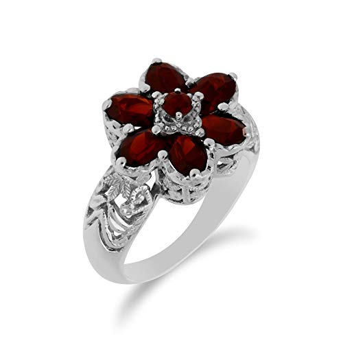 Image of 925 Sterling Silver Garnet Flower Ring