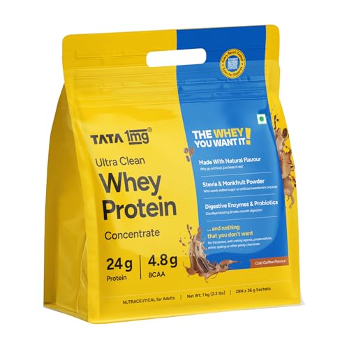 Image of Tata 1mg Ultra Clean Whey Protein Concentrate - Coffee, 1kg | 24g protein, 4.8g BCAA & 30B CFU Probiotics-28 Sachets
