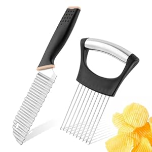 Crinkle Cutter Knife, Rubber Handle Stainless Steel Fries Cutter Slicer with Onion Holder, Vegetable Salad Chopping Knife Home Kitchen Wavy Blade Cutting Tool(Black)