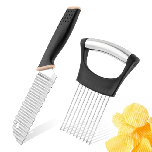 Crinkle Cutter Knife, Rubber Handle Stainless Steel Fries Cutter Slicer with Onion Holder, Vegetable Salad Chopping Knife Home Kitchen Wavy Blade Cutting Tool(Black)