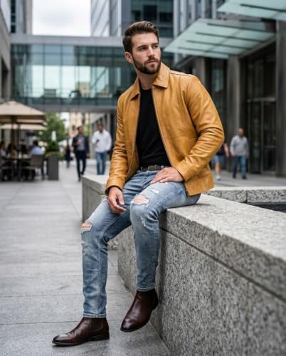 Image of Vintage Leather Jacket Men - Real Lambskin Turndown Collar Mens Leather Jacket